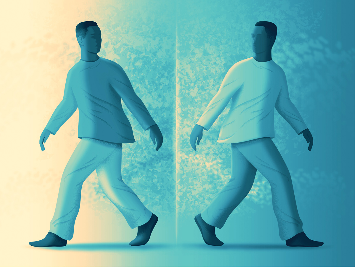 Illustration of two figures, mirrored, looking at each other, but walking away. 