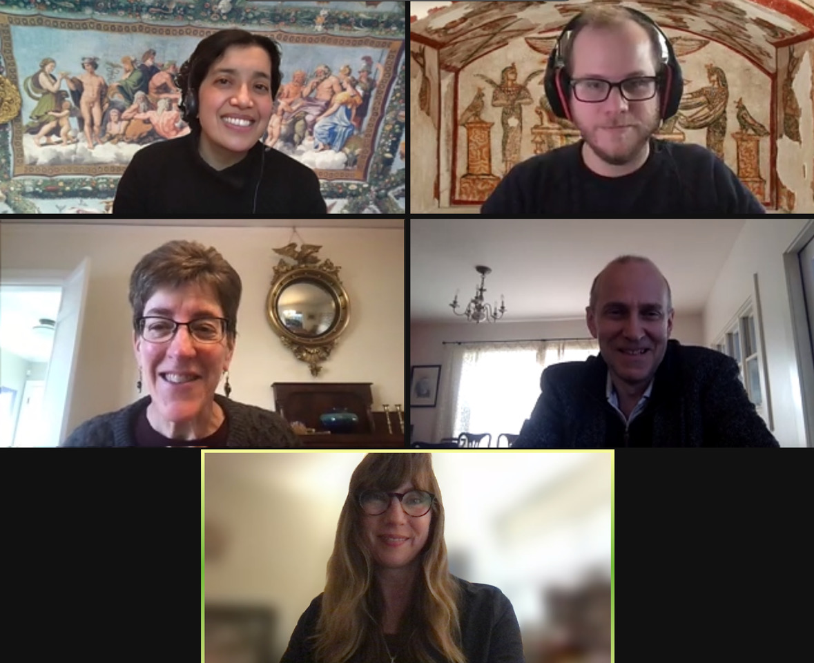 Photo of a zoom meeting with (clockwise) Profs. Sonia Sabnis, Tom Landvatter, Nigel Nicholson, Associate Dean of Graduate and Special Programs Ashley Hudson, and Prof. Ellen Millender