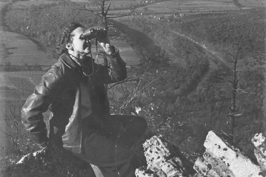 Rachel Carson watching migrating hawks at Hawk Mountain, PA, 1945.