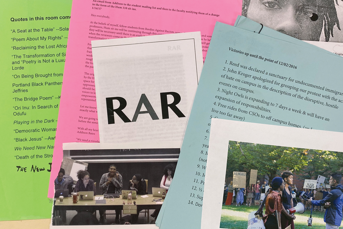 A selection of communications, notes, and photos documenting campus activism in 2016&amp;#8211;17, collected in the Reedies Against Racism folder in Reed&amp;#8217;s archives.