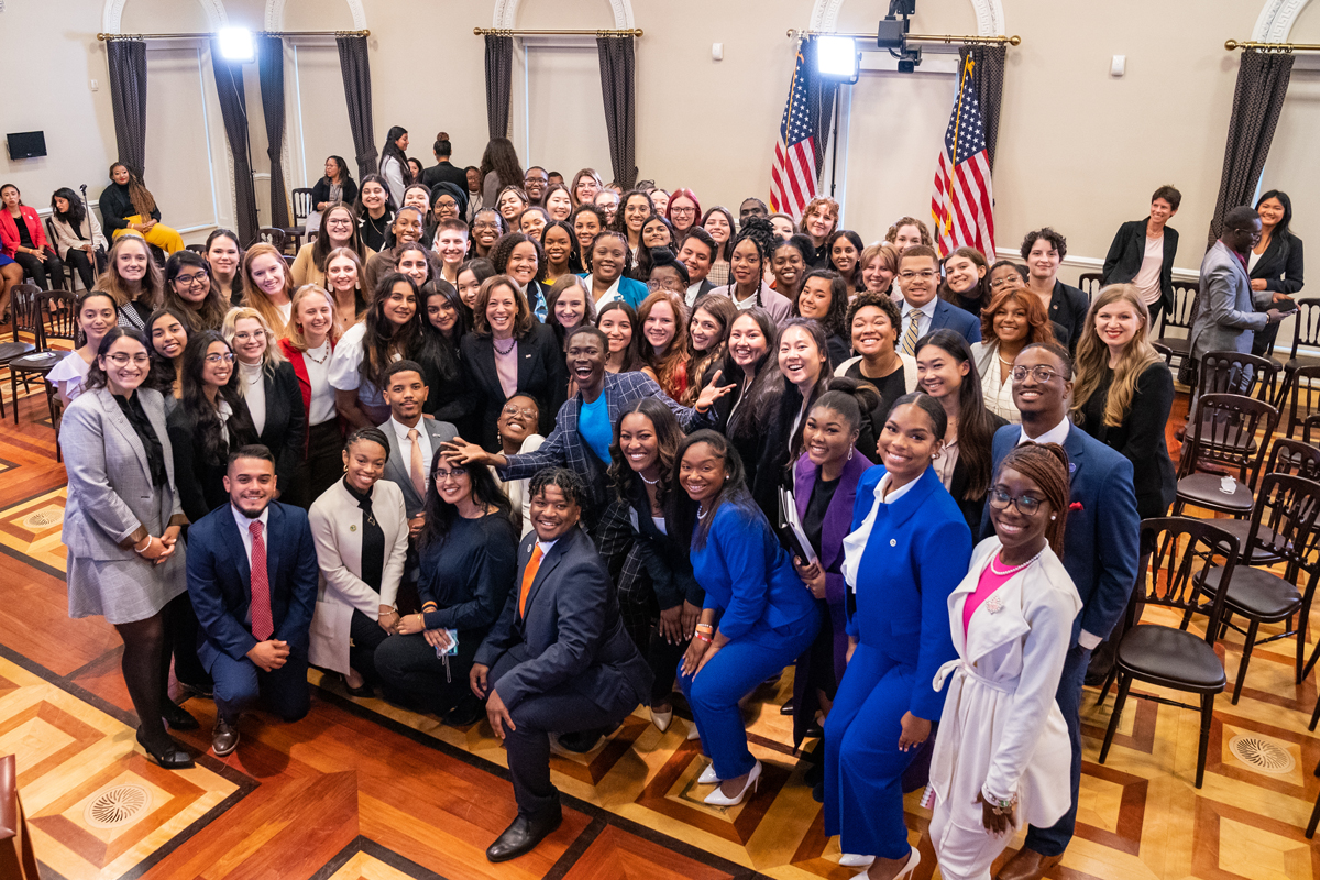 Reed senior Peri Long &amp;#8217;23 (right of U.S. Vice President Kamala Harris) after a meeting with the VP in the White House.