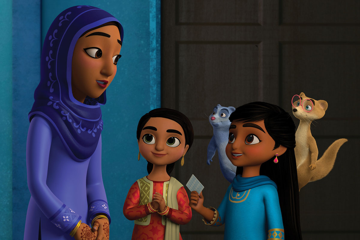 In a scene from &amp;#8220;The Eid Mystery,&amp;#8221; an episode of the children&amp;#8217;s animated series Mira, Royal Detective, Mira (right) solves the mystery of the missing Eid gift.