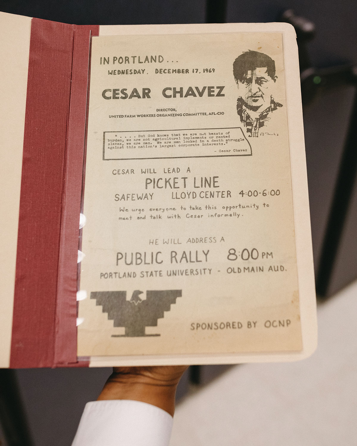 A 1969 broadside announcing a picket line and public rally led by Cesar Chavez of the United Farm Workers.