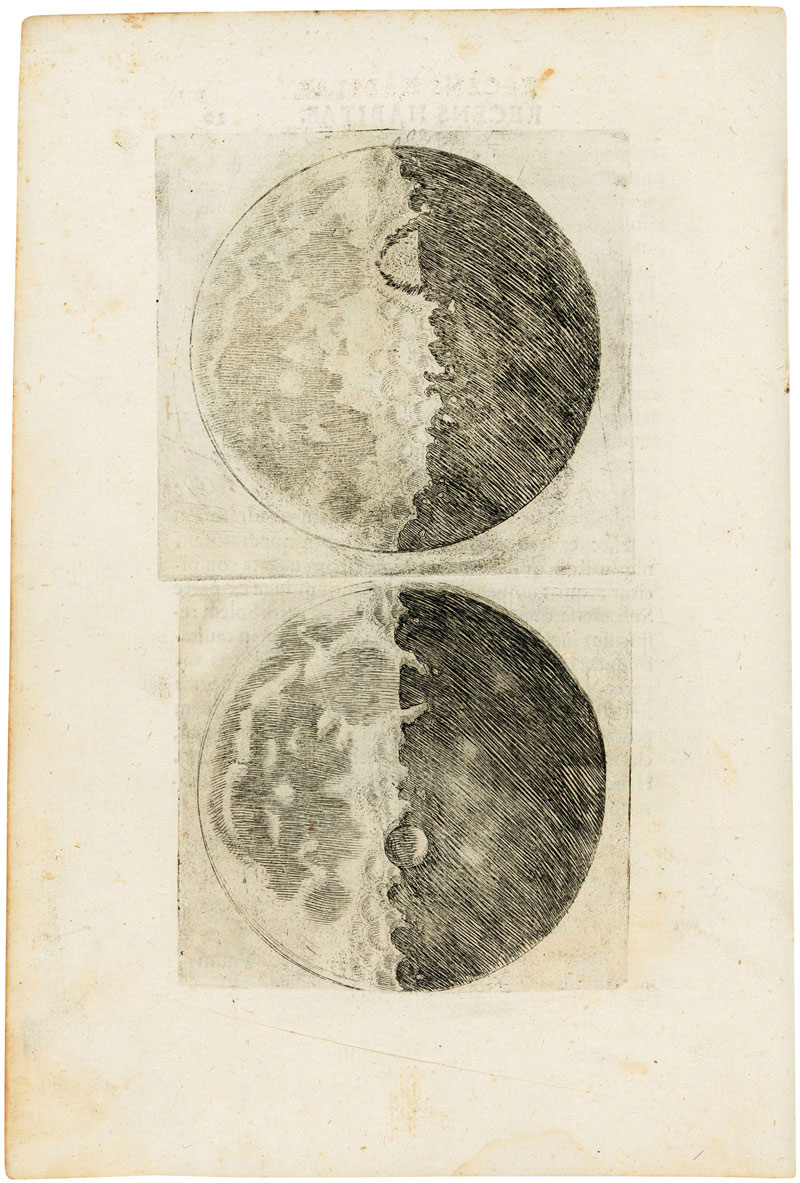 Two sketches of the moon showing the dark and light sides of the moon.