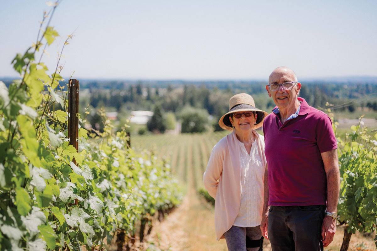 Susan Sokol Blosser &amp;#8217;67 with Prof. David Schiff at the Sokol Blosser vineyard in Yamhill County, Oregon.