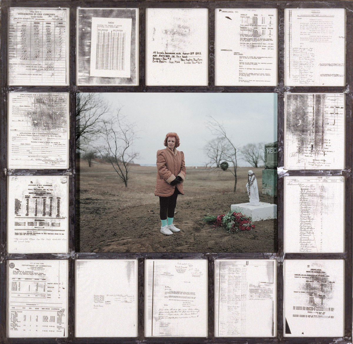 A page from the 1998 book Hart Island showing an installation by Melinda that includes Joel Sternfeld’s large-format photograph of Vicki Pavia, whose baby is buried on Hart Island.