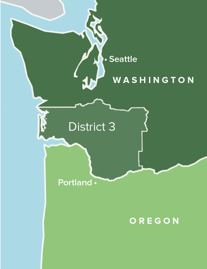 map of Washington's Third Congressional District includes the counties of Lewis, Pacific, Wahkiakum, Cowlitz, Clark, and Skamania, as well as a small portion of southern Thurston County.  