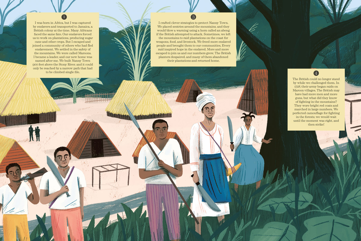 Pages of Hear our Voices are filled with lush illustrations by Alexander Mostov, like this detail from a spread featuring the story of Nanny, a freedom fighter and leader of the Jamaican Maroons.