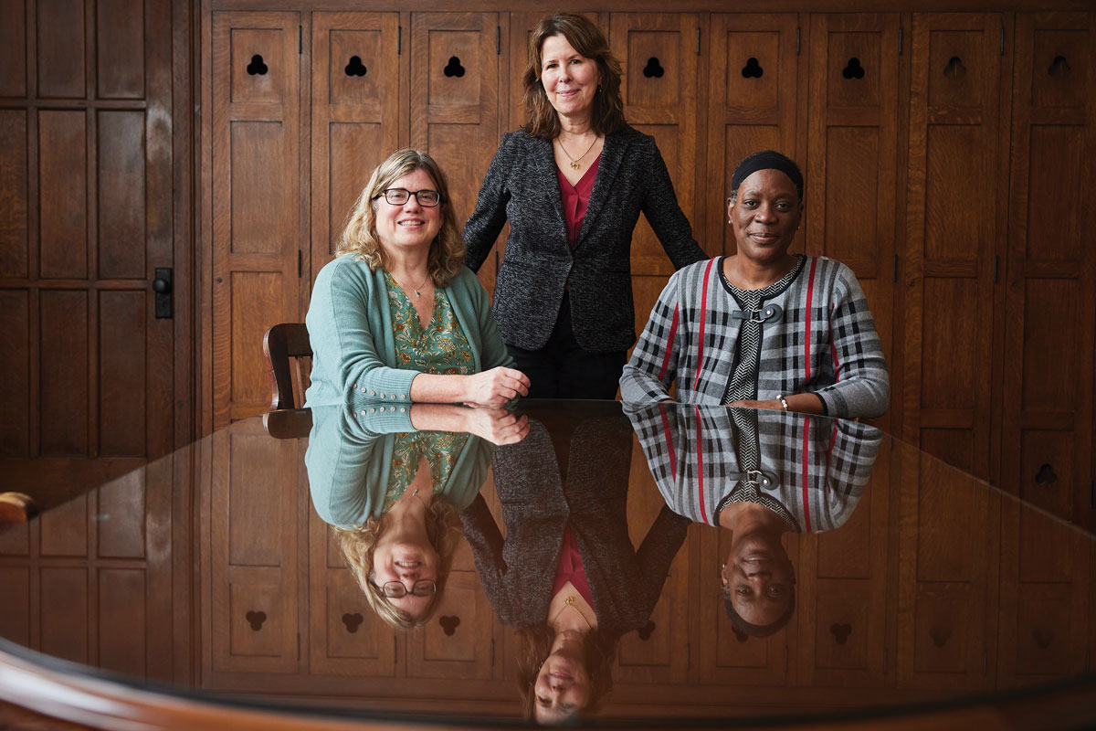 Dean of the Faculty Prof. Kathy Oleson [psychology], President Audrey Bilger, and Vice President and Dean for Institutional Diversity Phyllis Esposito met to talk in January.