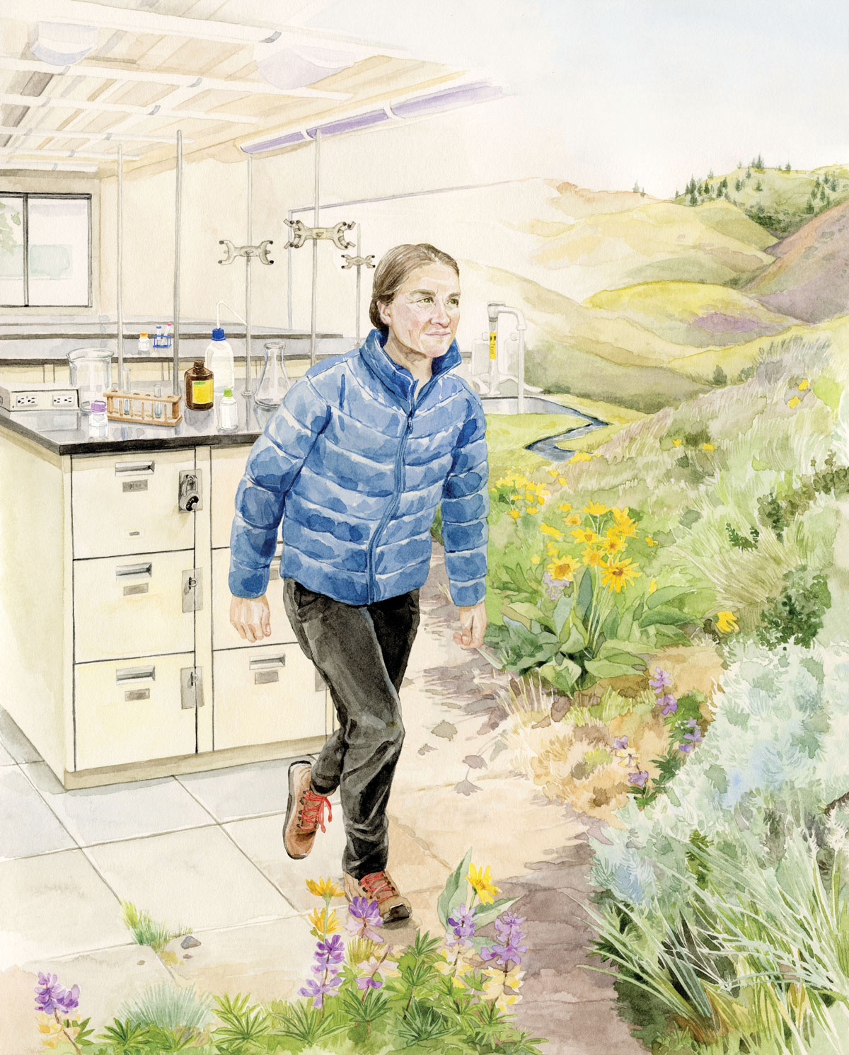 woman with hiking shoes and jacket in a surreal scene moving from a science lab to a wildflower covered mountain landscape