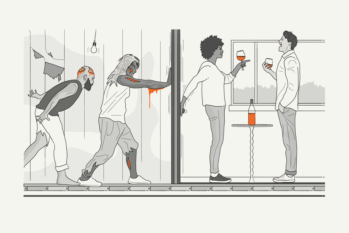 illustration of zombies trying to break down the door with two prepared people calmly drinking wine inside