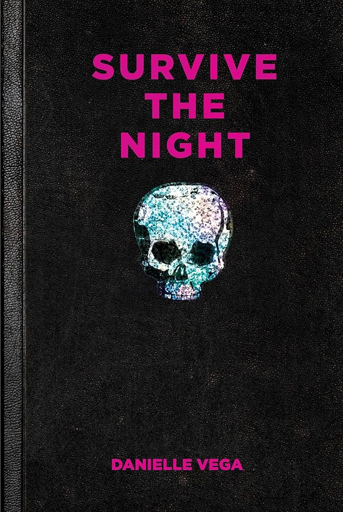 A skull on a black book cover with pink text reading "Survive the Night."