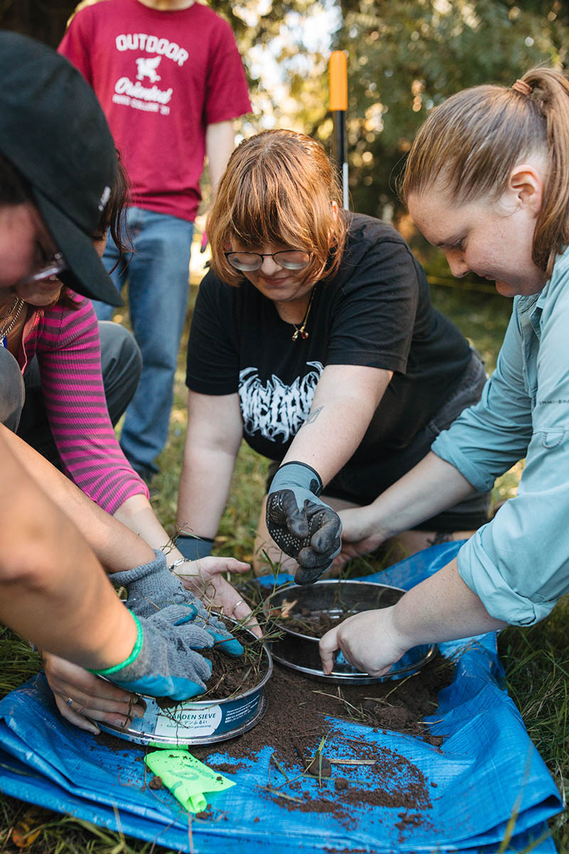 Close-up shot of four students holding metal sifters full of soil and grass over a blue tarp.
