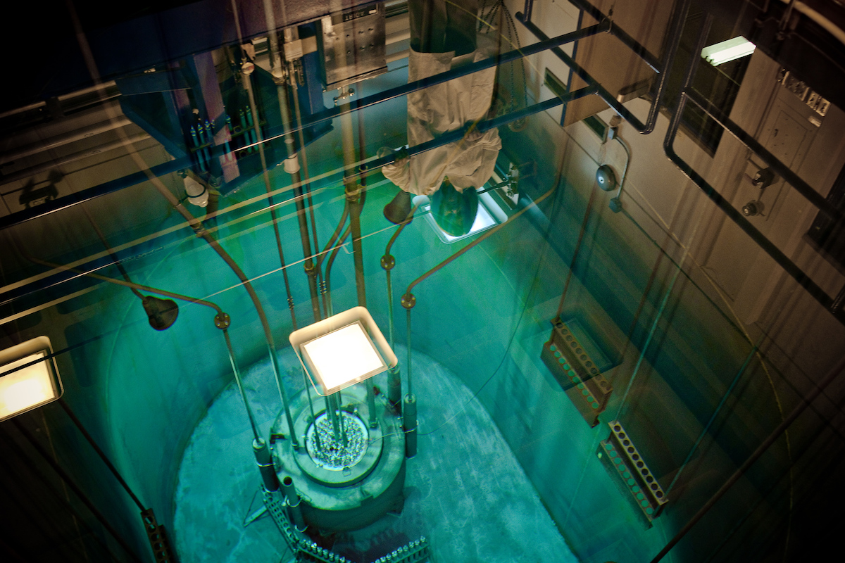 Looking down at the Reed research reactor, housed in a 25,000-gallon tank.