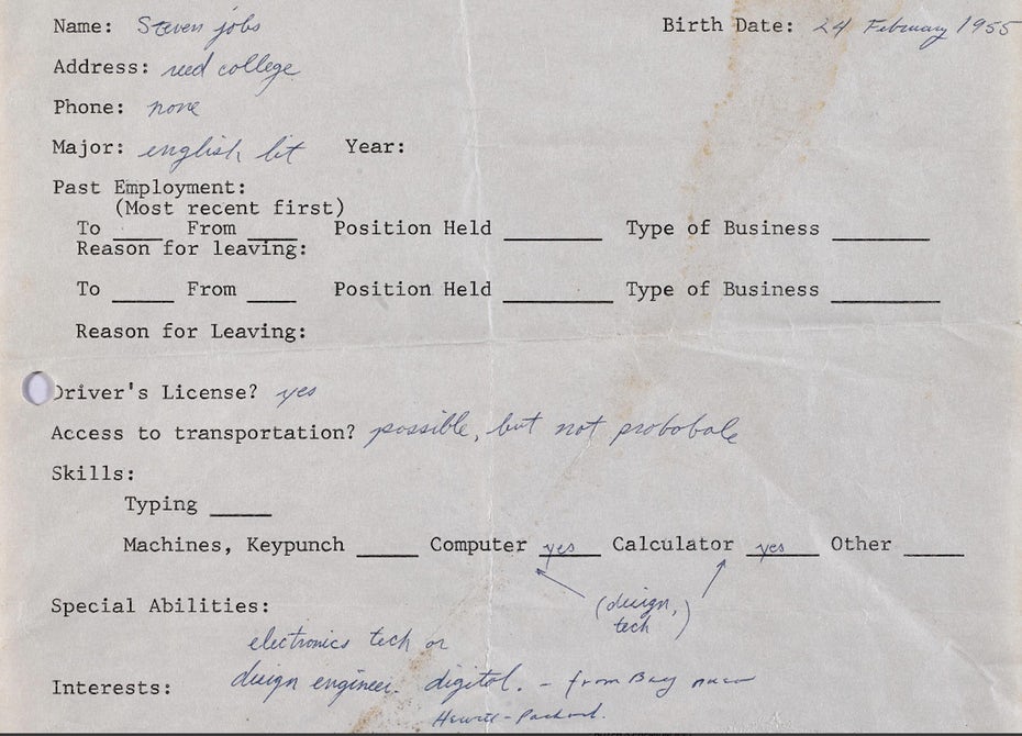 Image of Steve Job's resume from 1973