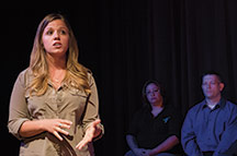 Senior Airman Jenn Hassin shares her military experiences on stage at Telling: Austin.