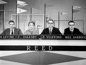Michael Levine ’62 was one of the contestants representing Reed on the TV quiz show College Bowl, broadcast February 7, 1960. His teammates were Virginia Oglesby Hancock ’62, Peter Stafford ’60, and Bill Jarrico ’61. The Reedies lost to Purdue in a cliff-hanger that accumulated the highest combined score, 230-220, in any match to that date.