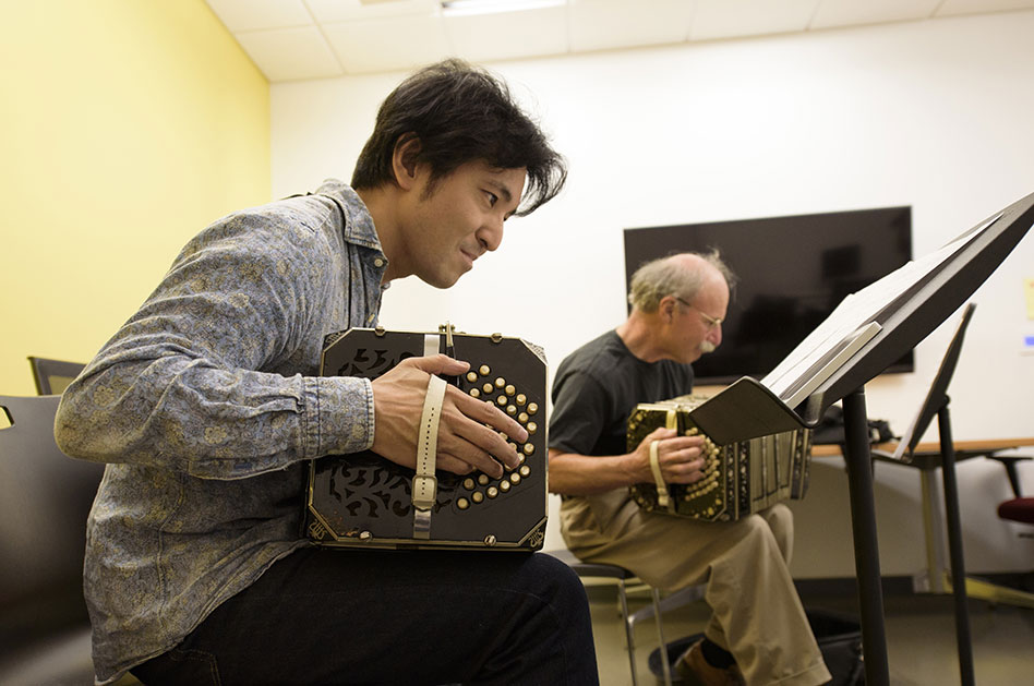 Bandoneon players, Kimiaki Watanabe and Bertram Levy, at the 2016 Tango for Musicians workshop.