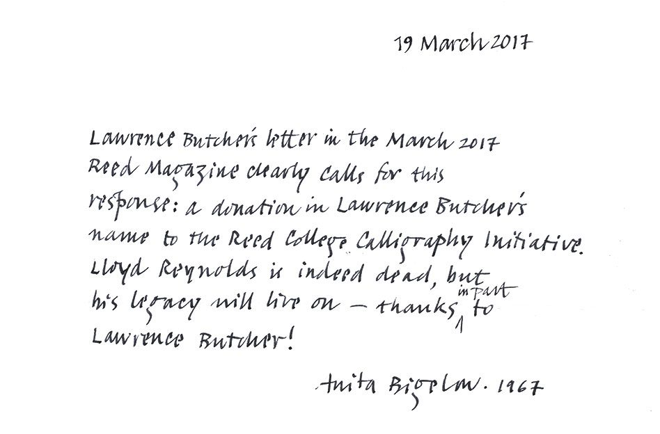 Calligraphed response to Lawrence Butcher's letter from Anita Bigelow ’67