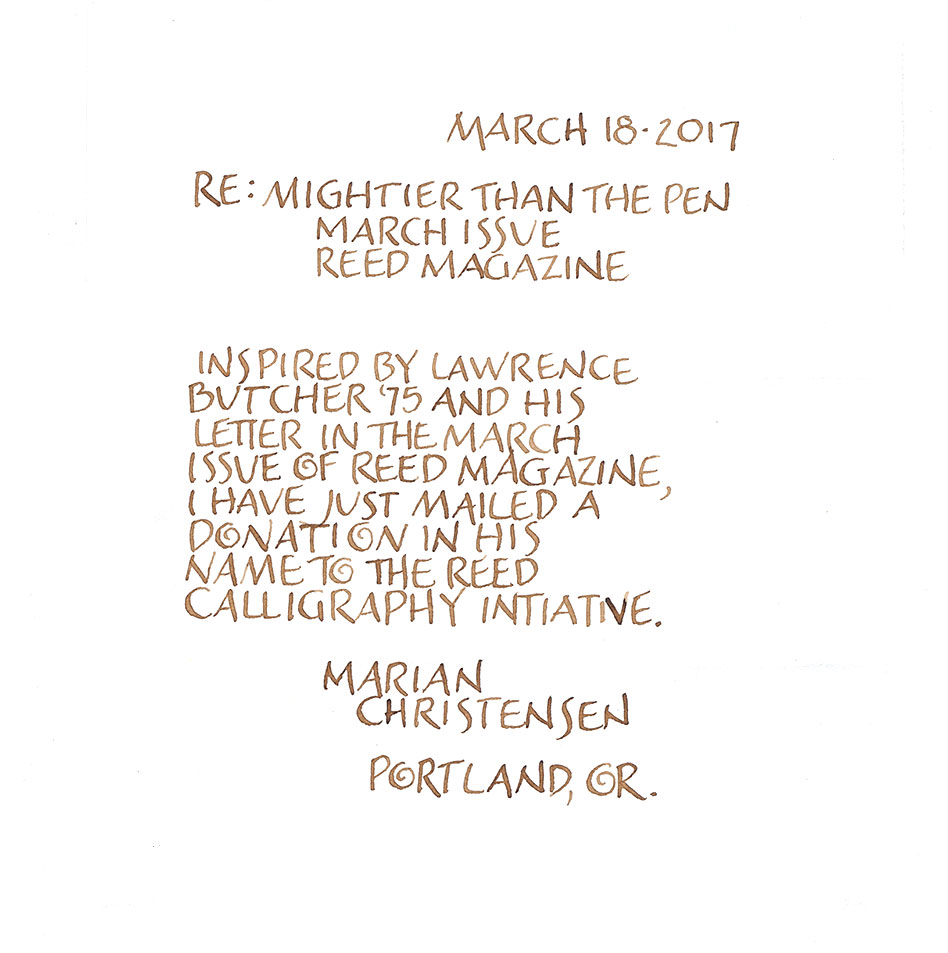 Calligraphed response to Lawrence Butcher's letter from Marian Christensen