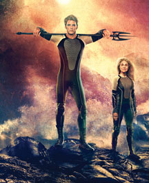 A poster for the 2013 film The Hunger Games: Catching Fire features Finnick Odair as a sort of retiarius, or gladiator, trident in hand.