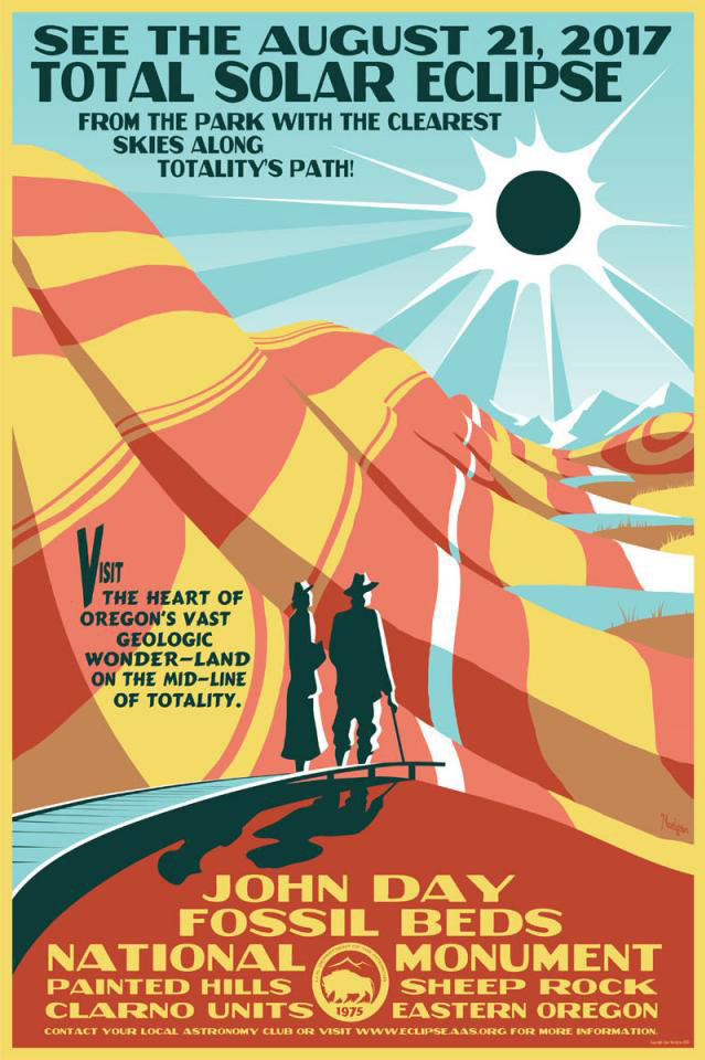 Solar eclipse poster John Day Fossil Beds with desert hills