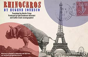 Rhinoceros show poster, depicting a rhino statue in front of the Eiffel Tower