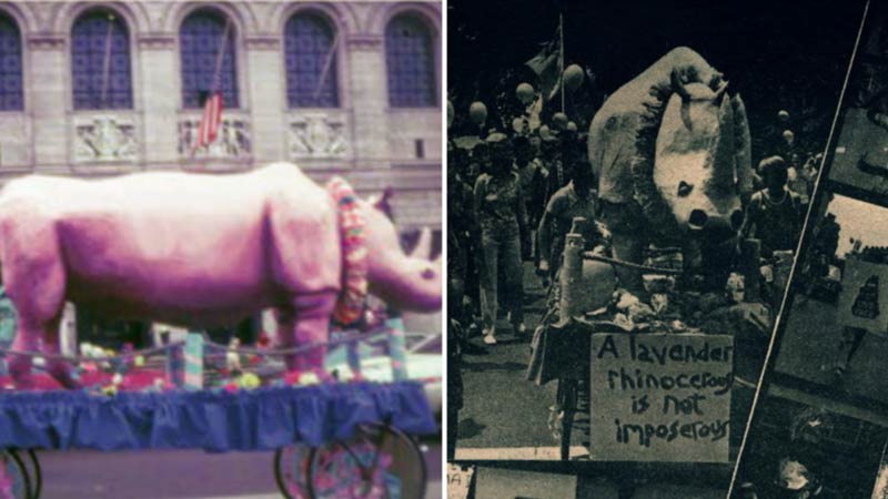 These ictures show the papier-mache Lavender Rhino that marchers pushed along the route of Boston Pride in 1974