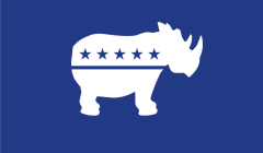 A graphic of a white rhino on a blue background