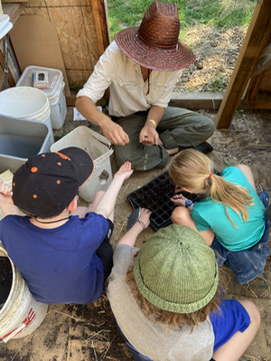 Students planting seeds with a teacher.