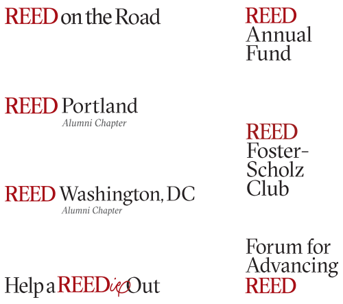Collection of 7 Reed College logo variations created for various programs and partners.