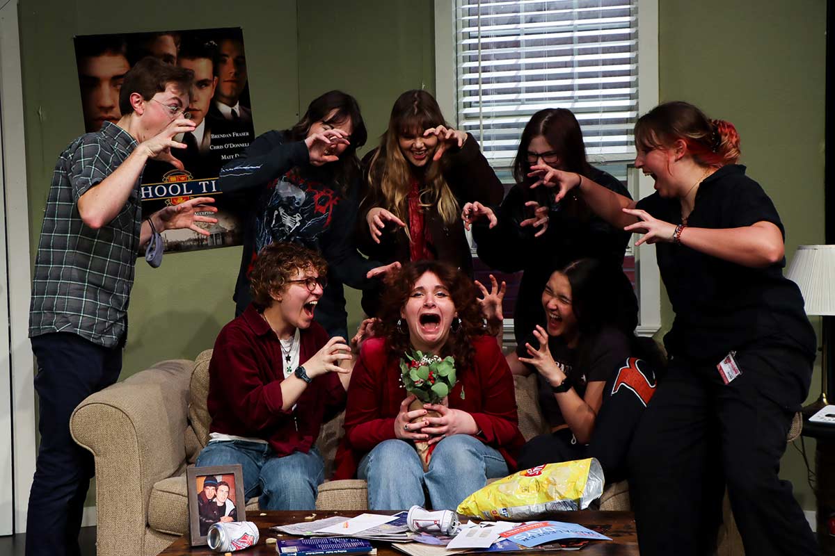 During a performance of Matt and Ben, seven actors make scary faces at another actor who is screaming