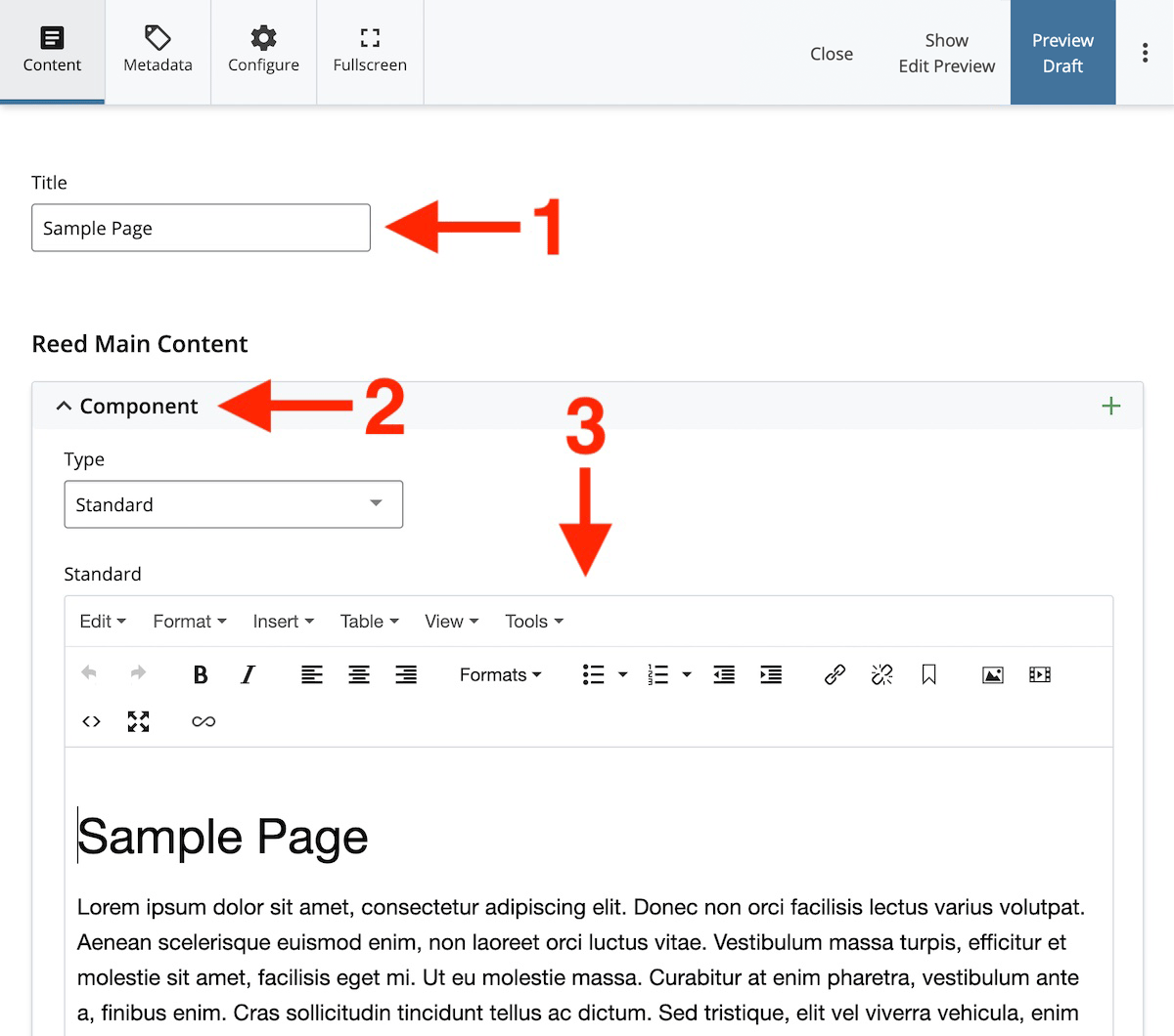 A screen shot of the Cascade editing window depicting the three areas described in the list above.