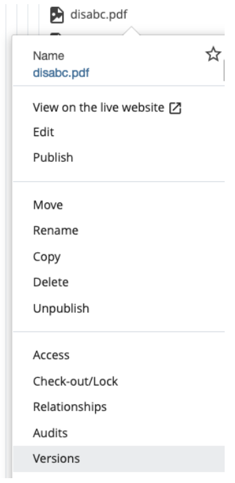Screenshot of Cascade menu with a highlight around the word "Versions."