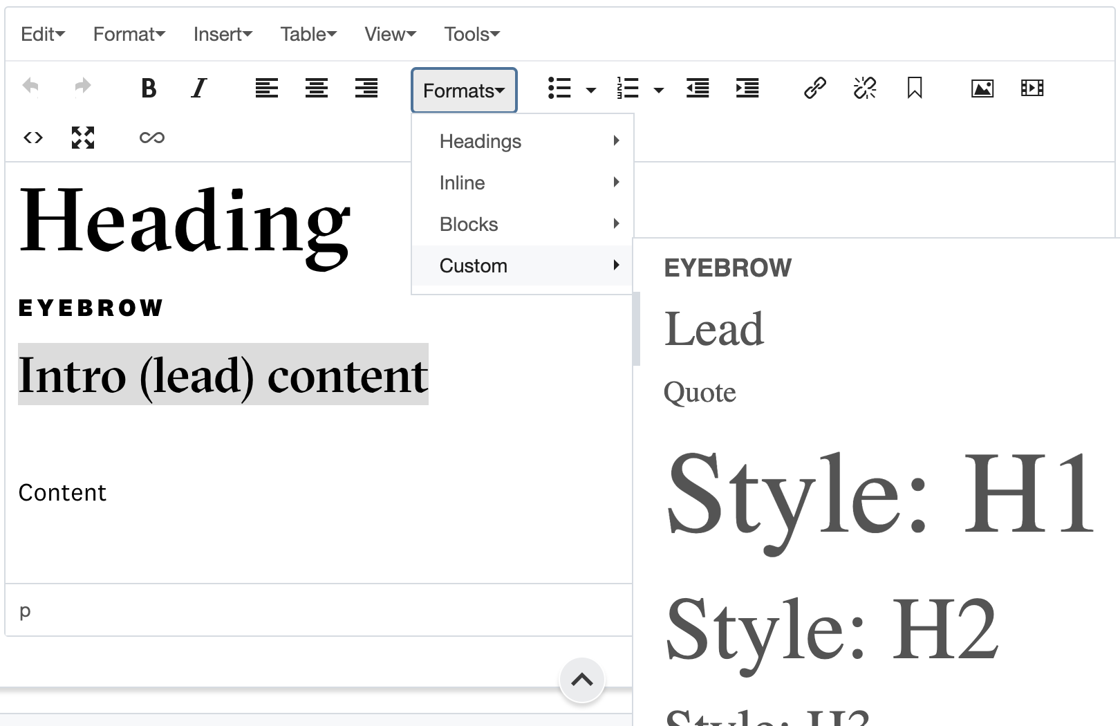 A screenshot showing the Custom Formats menu expanded in the Cascade content editor