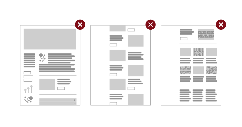 Three graphics depicting webpages with improper accessibility and design components, each with a red “X” in the top right corner.