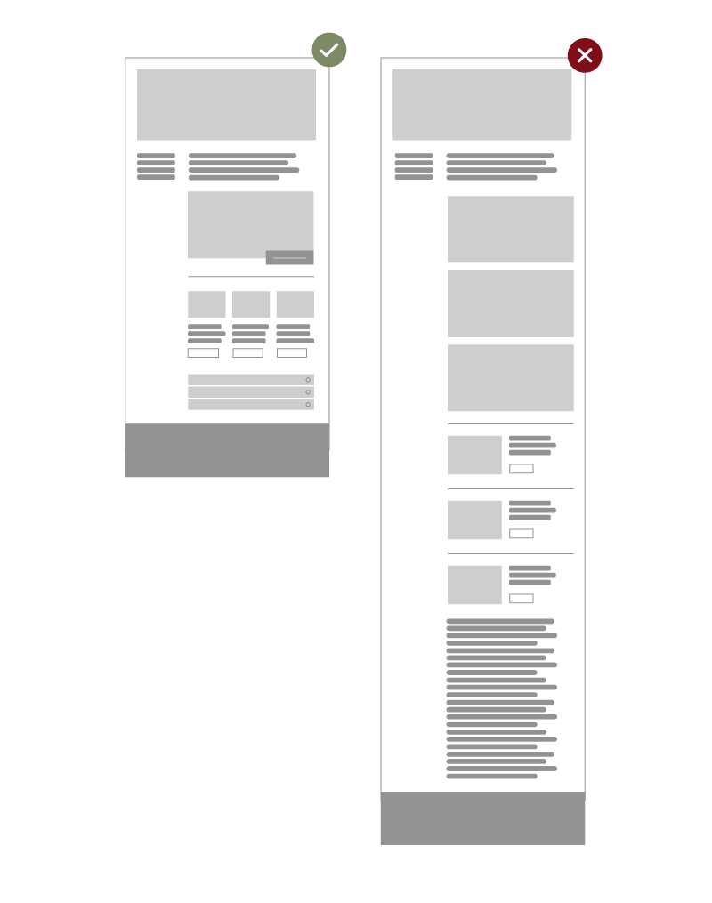 Two graphics depicting webpages, one that has effective component usage and another that uses too many components.