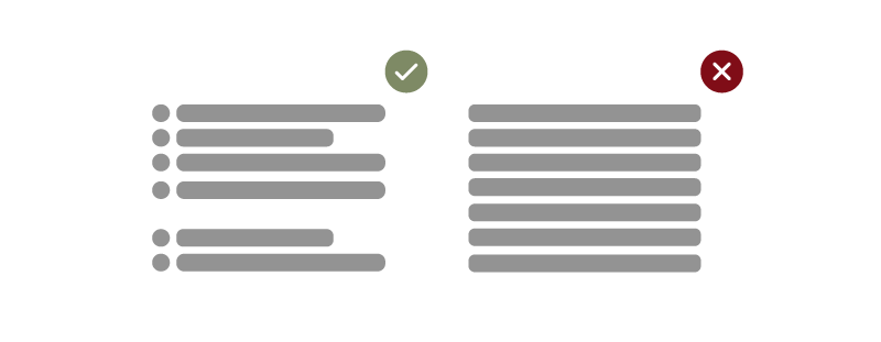 Two graphics depicting website text, one with bullet points, line breaks, and a green check mark, and one with a dense paragraph of text and a red X.