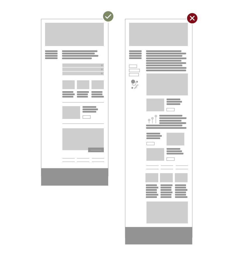 Two graphics depicting webpages, one with moderate use of visual elements and a green check, and one with too many visual elements and a red X.