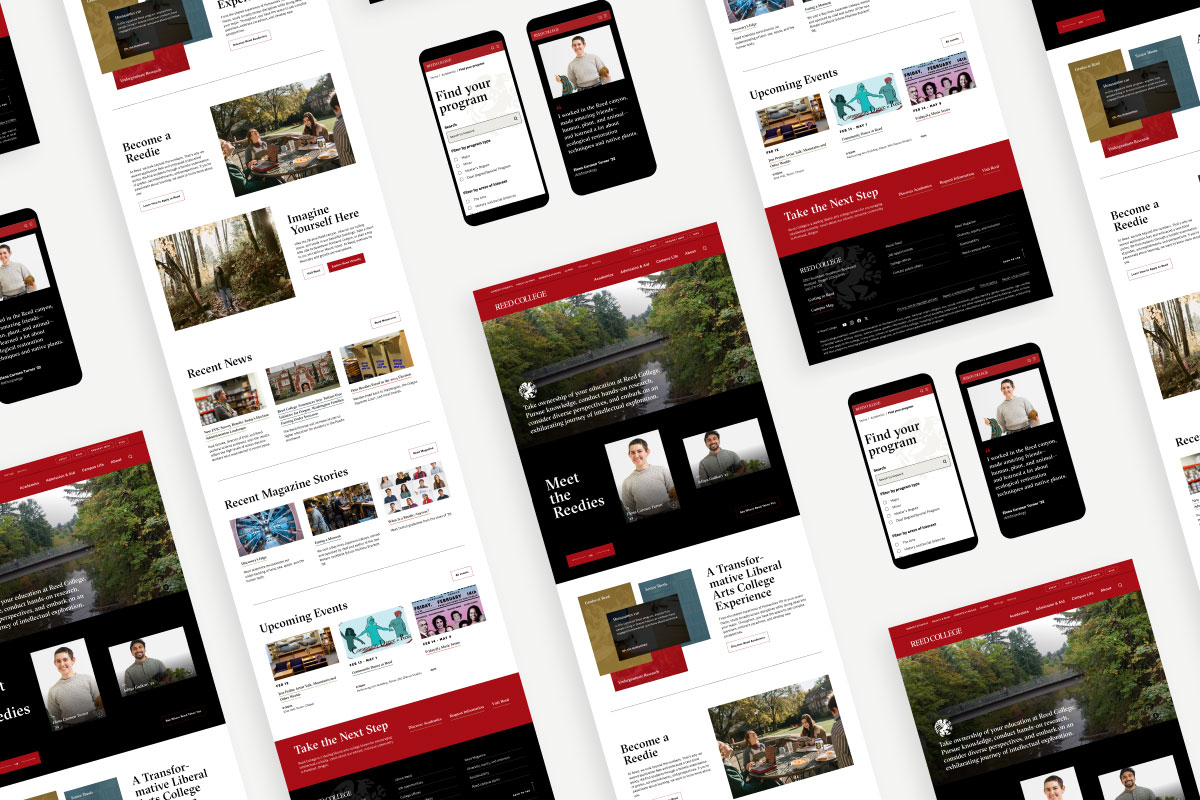 Collage of Reed College webpages on desktop and mobile.